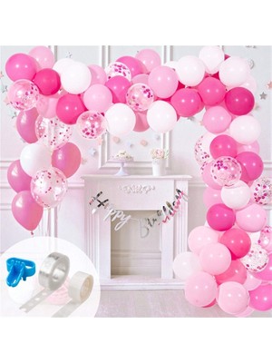 Eğlence Marketi Zincir Balon Seti Pembe - Beyaz / Konfetili 130 Adet Balon