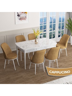 Canisa Concept Han Serisi 70X114 Açılabilir Mdf Beyaz Mermer Desen Mutfak Masası Takımı 6 Sandalye