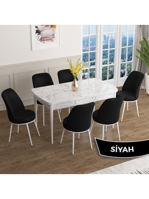 Canisa Concept Han Serisi 70X114 Açılabilir Mdf Beyaz Mermer Desen Mutfak Masası Takımı 6 Sandalye