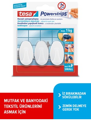 Tesa Powerstrips Askı Küçük Oval Kendinden Yapışkanlı, Çıkarılabilir, beyaz