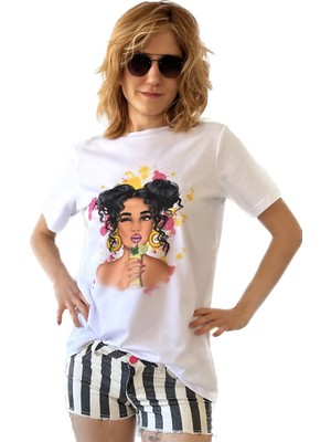 Hescaa Baskılı, Beyaz, Bol Kesimli, Bisiklet Yaka ve Pamuklu Basic  T-Shirt - Summer Girl Baskılı Tişört