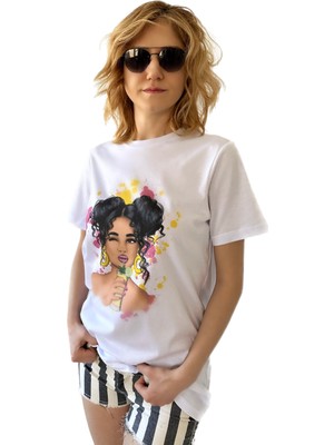 Hescaa Baskılı, Beyaz, Bol Kesimli, Bisiklet Yaka ve Pamuklu Basic  T-Shirt - Summer Girl Baskılı Tişört