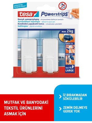 Tesa Powerstrips İz Bırakmadan Sökülebilir Yapışkanlı Askı, Büyük Dikdörtgen, Beyaz