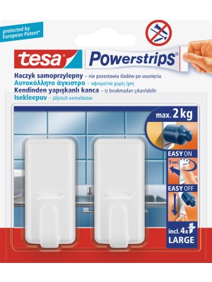 Tesa Powerstrips İz Bırakmadan Sökülebilir Yapışkanlı Askı, Büyük Dikdörtgen, Beyaz