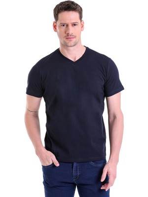 Hatemoğlu Lacivert Düz Regular Fit 100% Pamuk V Yaka Tişört