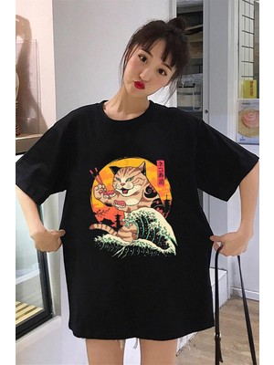 Touz Moda  Artist Cat Baskılı Siyah Unisex Oversize T-Shirt