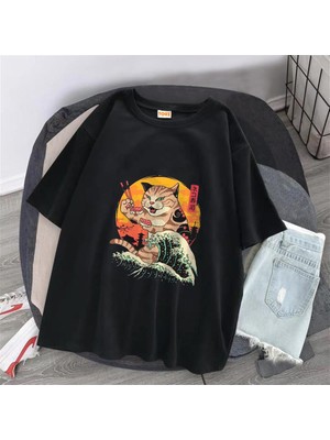 Touz Moda  Artist Cat Baskılı Siyah Unisex Oversize T-Shirt