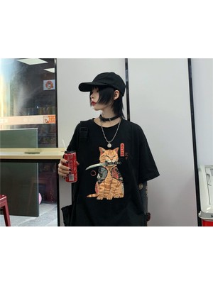 Touz Moda Killer Cat Baskılı Siyah Oversize T-Shirt