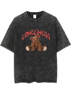 Touz Moda Yıkamalı 'Loneliness' Bear Unisex Eskitme T-shirt