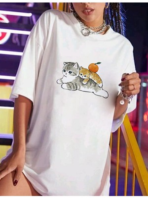 Touz Moda Cats & Orange Beyaz Oversize T-Shirt