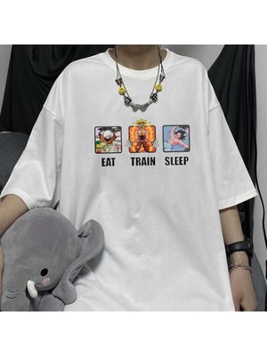 Touz Moda  Eat Train Sleep Beyaz Unisex Oversize T-Shirt