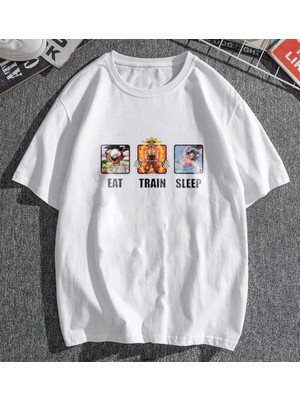 Touz Moda  Eat Train Sleep Beyaz Unisex Oversize T-Shirt