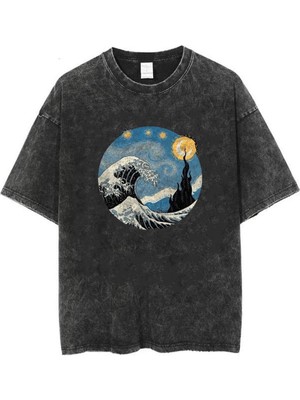 Touz Moda  Yıkamalı Kanagawa Oki Nami Ura Unisex Eskitme T-Shirt