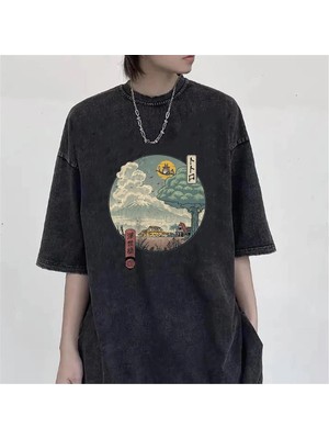 Touz Moda  Yıkamalı Neighbor's Ukiyo-E Unisex Eskitme T-Shirt