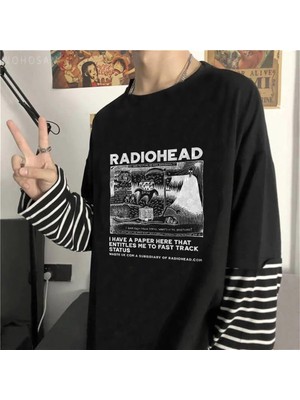 Touz Moda  Radiohead Baskılı Fake Sleeves Unisex Siyah T-Shirt