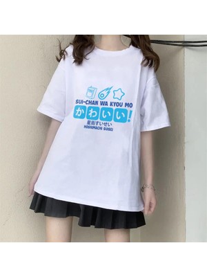 Touz Moda  Hoshimachi Suisei Baskılı Beyaz Unisex Oversize T-Shirt