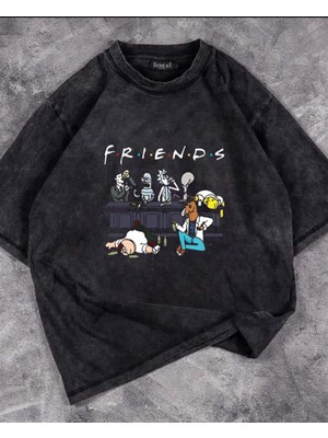 Touz Moda  Yıkamalı Friends Baskılı Unisex Oversize Vintage Eskitme T-Shirt