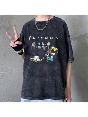 Touz Moda  Yıkamalı Friends Baskılı Unisex Oversize Vintage Eskitme T-Shirt