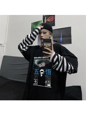 Touz Moda  Gojou Satoru - Jujutsu Kaisen Baskılı Fake Sleeves Unisex Siyah T-Shirt