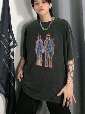 Touz Moda  Yıkamalı Flaming Skeletons Baskılı Unisex Oversize Eskitme T-Shirt