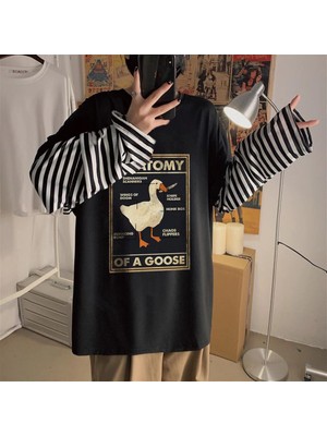 Touz Moda  Duck Anatomy Baskılı Fake Sleeves Unisex Siyah T-Shirt