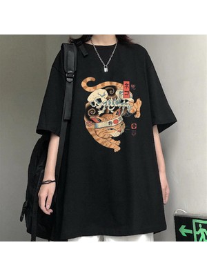 Touz Moda Skeleton Cat Siyah Oversize T-Shirt