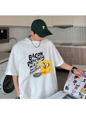 Touz Moda  Bacon Pancakes Baskılı Beyaz Unisex Oversize T-Shirt