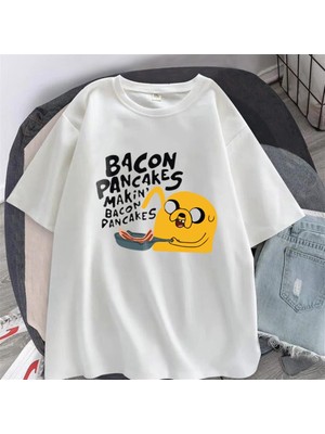 Touz Moda  Bacon Pancakes Baskılı Beyaz Unisex Oversize T-Shirt