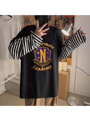 Touz Moda  Nevermore Academy Baskılı Fake Sleeves Unisex Siyah T-Shirt