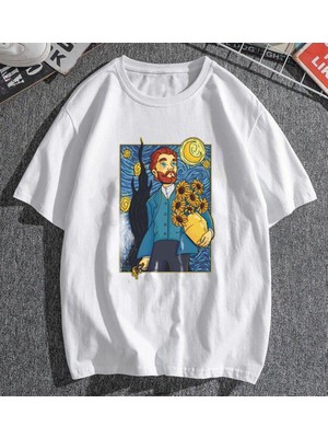 Touz Moda Van Gogh Starry Night Beyaz Unisex Oversize T-Shirt