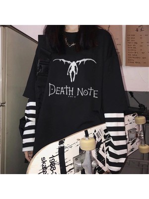 Touz Moda Death Note Winged Baskılı Fake Sleeves Unisex Siyah T-Shirt