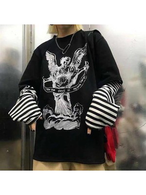 Touz Moda Angel With A Banderole Baskılı Fake Sleeves Siyah T-Shirt