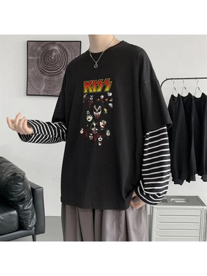 Touz Moda Kiss Rock Band Baskılı Fake Sleeves Siyah T-Shirt