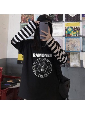 Touz Moda Ramones Logo Baskılı Fake Sleeves Unisex Siyah T-Shirt