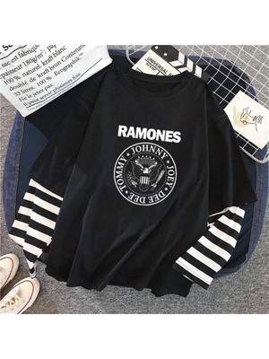 Touz Moda Ramones Logo Baskılı Fake Sleeves Unisex Siyah T-Shirt