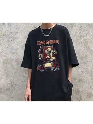 Touz Moda Rock Serisi Iron Maiden Skull Siyah Oversize T-Shirt
