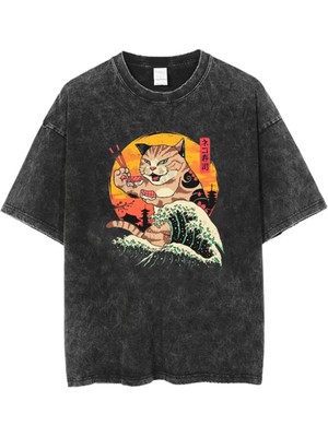 Touz Moda Yıkamalı Artist Cat Unisex Eskitme T-Shirt