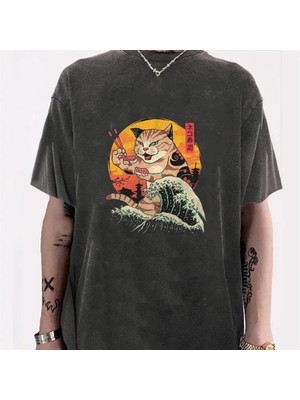 Touz Moda Yıkamalı Artist Cat Unisex Eskitme T-Shirt