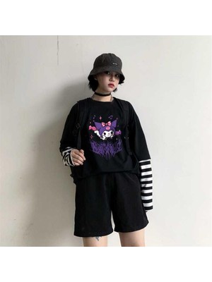 Touz Moda Kuromi Purple Baskılı Fake Sleeves Siyah T-Shirt