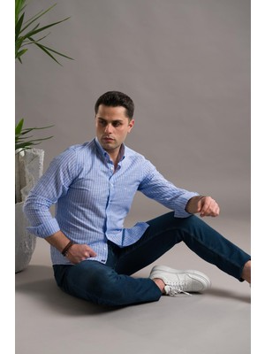 Dorss Slimfit Pamuklu Çizgili Yaka Düğmeli Uzun Kol Erkek Gömlek