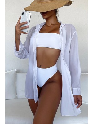 Angelsin Şifon Pareo Kimono Plaj Elbisesi Kadınlar İçin Şık Beyaz Tasarım