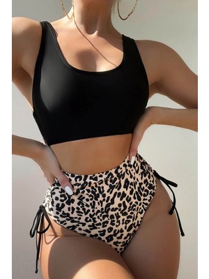 Angelsin Leopar Yanlardan Büzgü Ayarlama Detaylı Bikini Takım