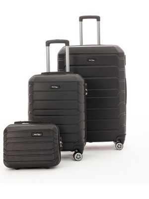 Hsr Elegant ABS Kabin Büyük Boy 3 Lü Valiz Seti Bölmeli ve Kemerli Özelliklerle Siyah