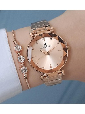 Daniel Klein Yeni Model Kesme Camlı Çelik Bilezik Rose Gold Kadın Kol Saati + Zirkon Taşlı Bileklik