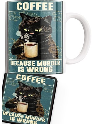 Remonz Kara Kedi Serisi Çift Baskılı Porselen + Ahşap Bardak Altlığı