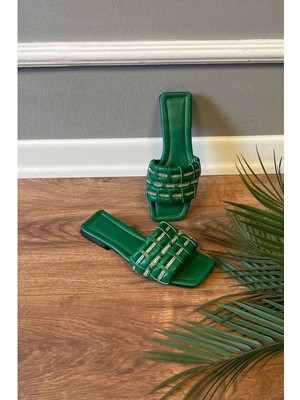 New Optimal Sahra Taş Işlemeli Geçirmeli Tek Bantlı Terlik - Yeşil - 36