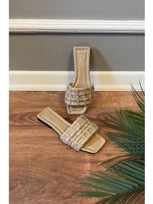 New Optimal Sahra Taş Işlemeli Geçirmeli Tek Bantlı Terlik - Vizon - 40