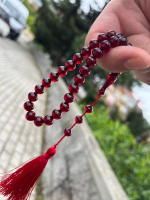 Sıkma Kehribar Tesbih Bordo Beyzi Model 33 Tane Osmanlı Saçak Püskül 25,5 cm 6x7mm SK01040.060523