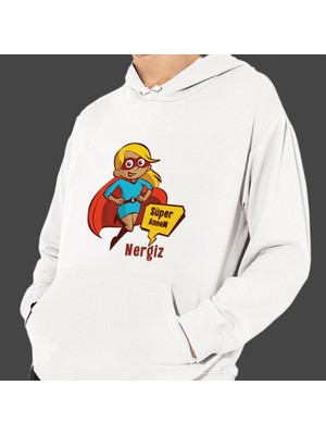 Hediye Kesesi Kişiye Özel Anneler Günü "süper Annem" Baskılı Cepli, Kapşonlu Beyaz Unisex Sweatshirt HK2626