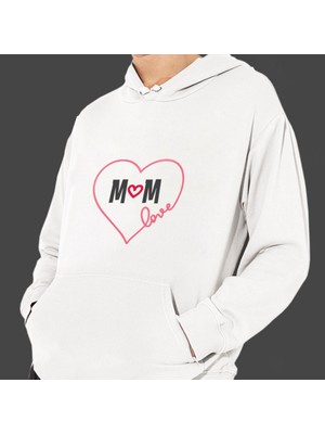 Hediye Kesesi Anneler Günü "love Mom" Baskılı Cepli, Kapşonlu Beyaz Unisex Sweatshirt HK2624